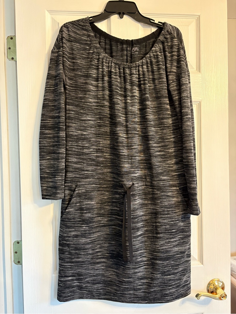 Ann Taylor Loft Heathered Black Gray Knit Dress with Drawstring Waist